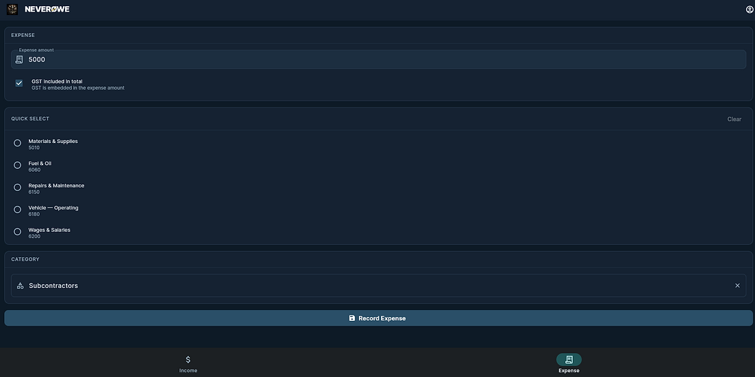 NeverØwe expense screen